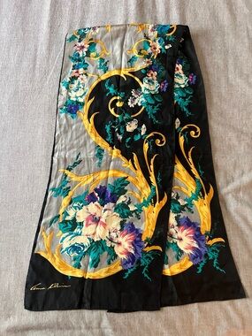 Ann Klein  Vintage Floral & Baroque Print Silk Scarf in Black, Gold, Teal